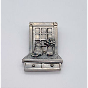 Vintage Danforth Pewter Cat Brooch Pin Kitty looking out window Vermont 1990s